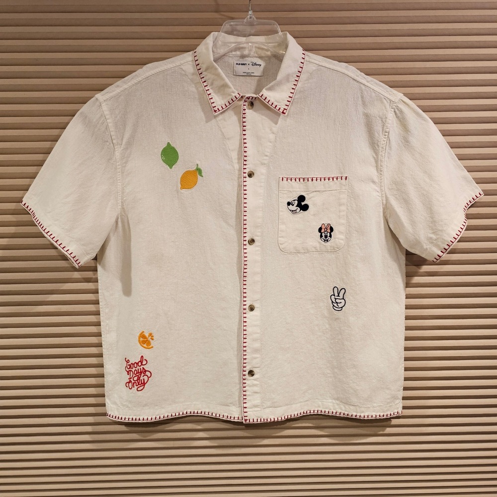 Old Navy Disney Mickey Minnie Mouse Linen Blend Embroidered Shirt White Large